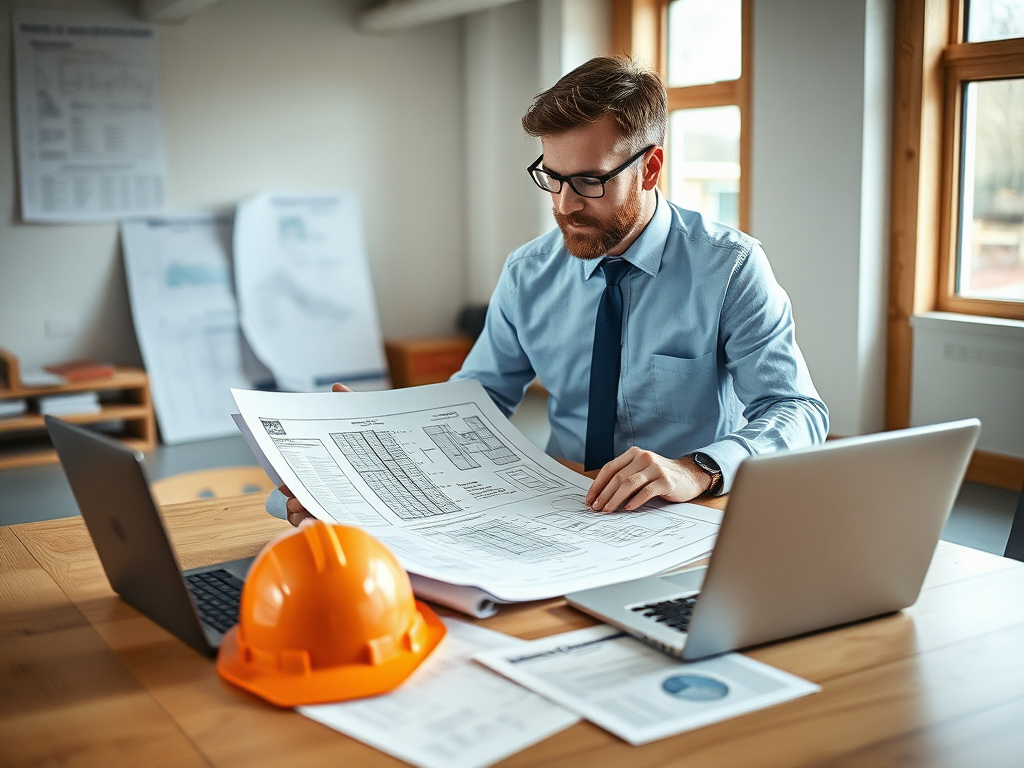 Engineering consultant reviewing building envelope blueprints and spray foam specification documents